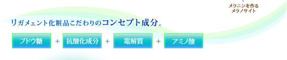 リガメェント化粧品こだわりのコンセプト成分。
ブドウ糖+抗酸化成分+電解質+アミノ酸